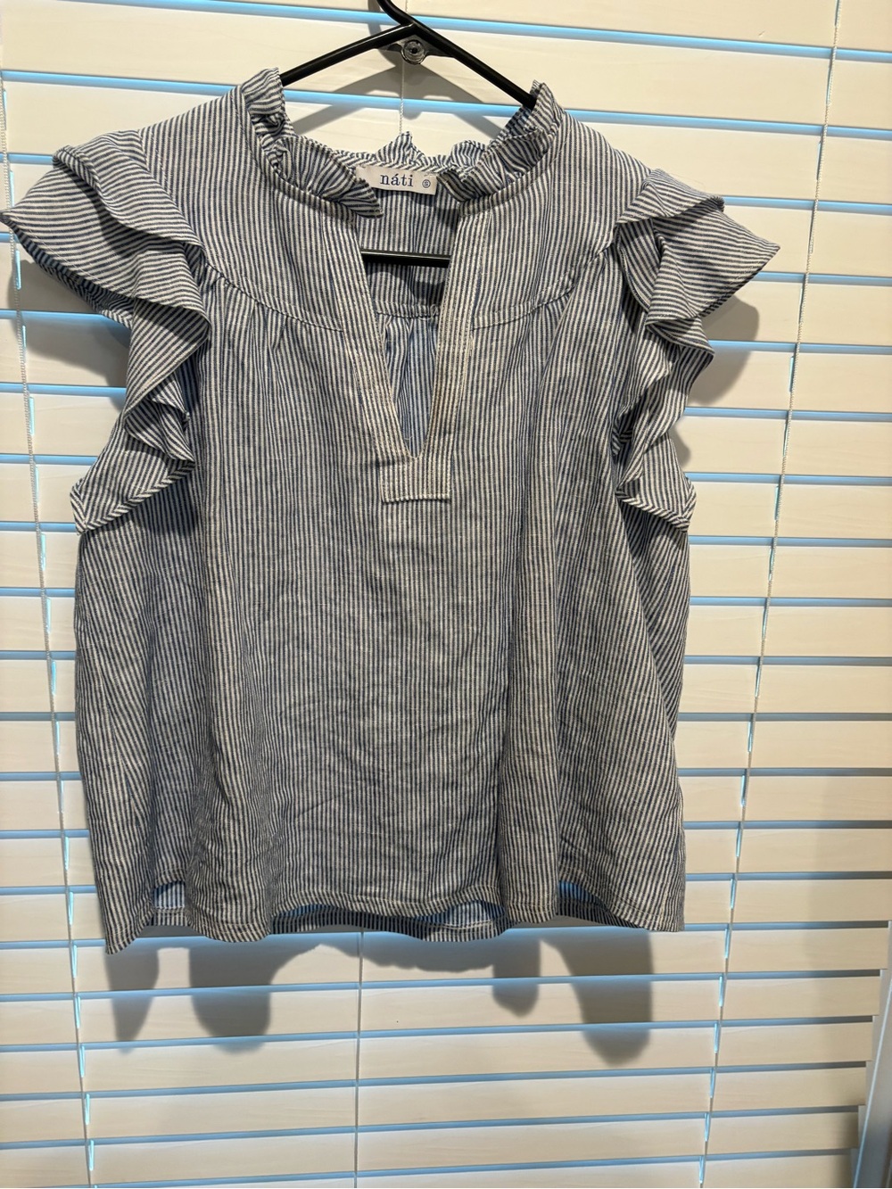 Striped Ruffle Sleeve Cotton Top in Blue and White